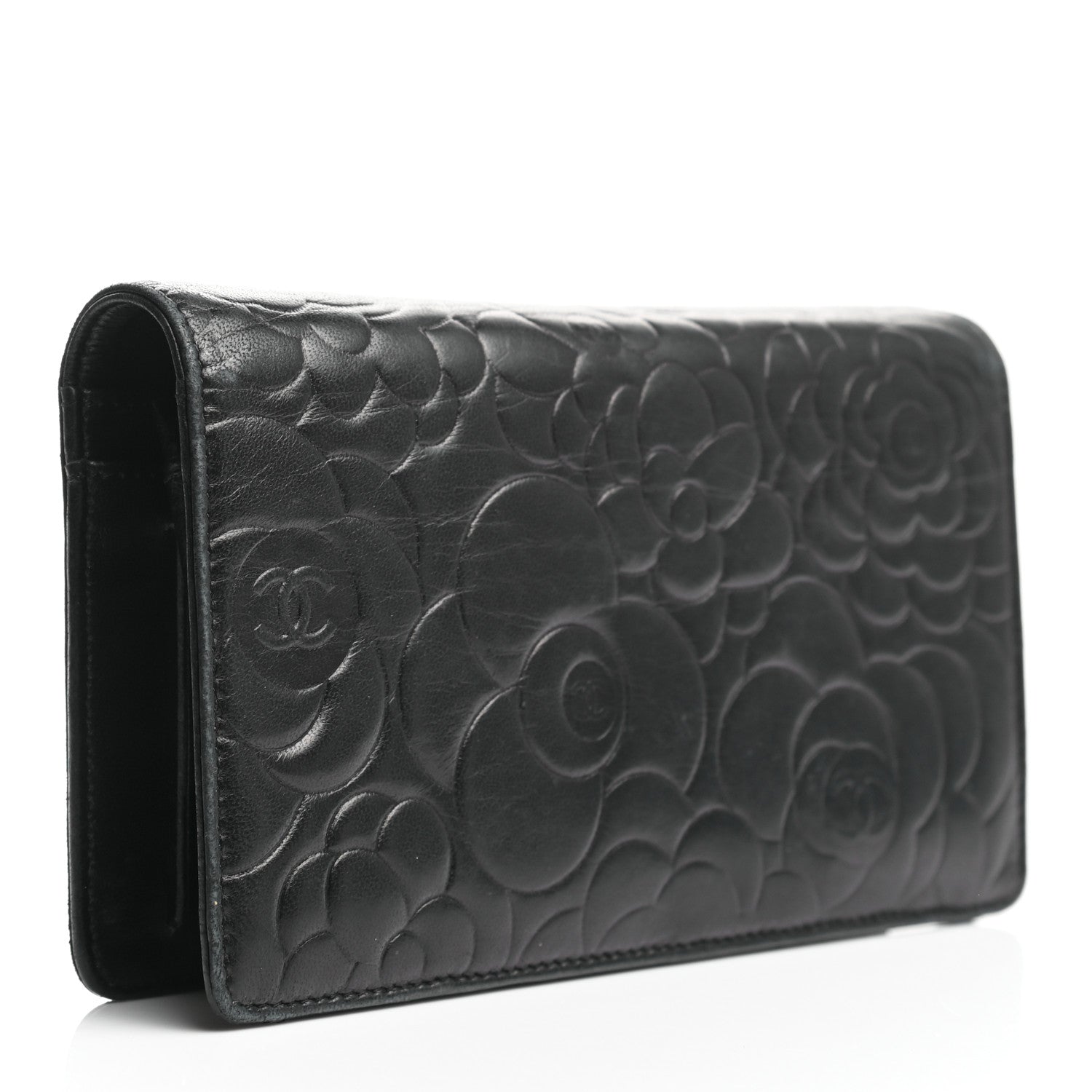 Chanel Lambskin Camellia Embossed Yen Wallet Black 3 of 8