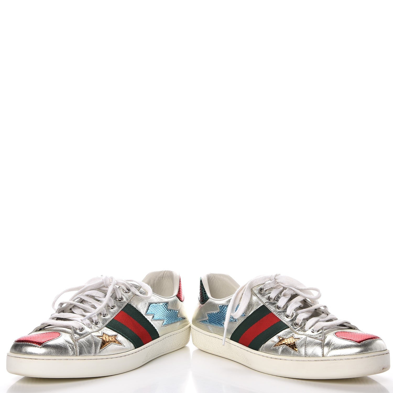 Gucci Metallic Nappa Ayers Web Lightning Bolt Embroidered Mens Ace Sneakers 9 Silver 6 of 15