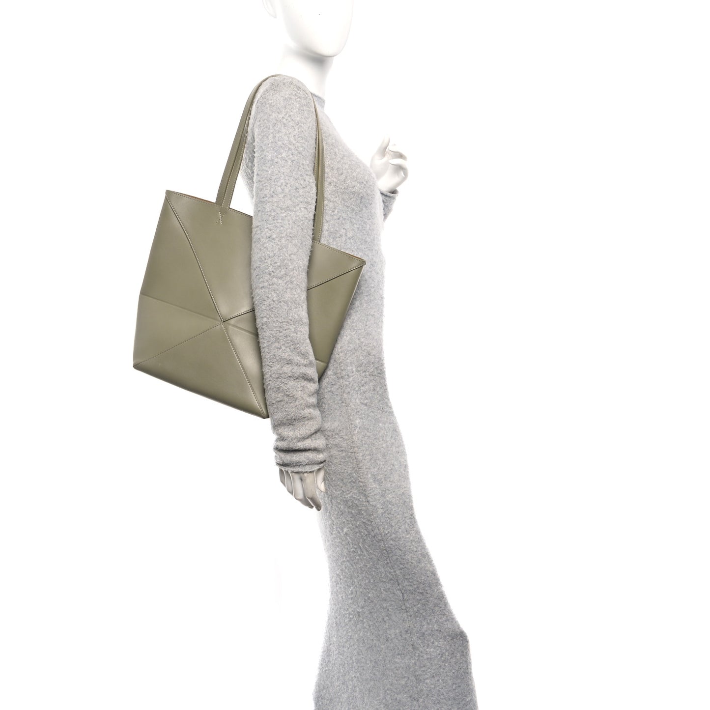 Shiny Calfskin Medium Puzzle Fold Tote Dark Khaki