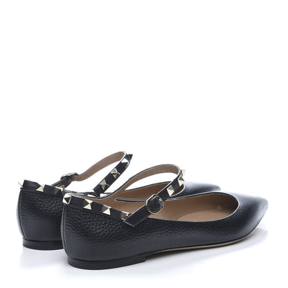 Valentino Garavani Pebbled Calfskin Rockstud Ankle Strap Ballerina Flats 37.5 Black 4 of 10
