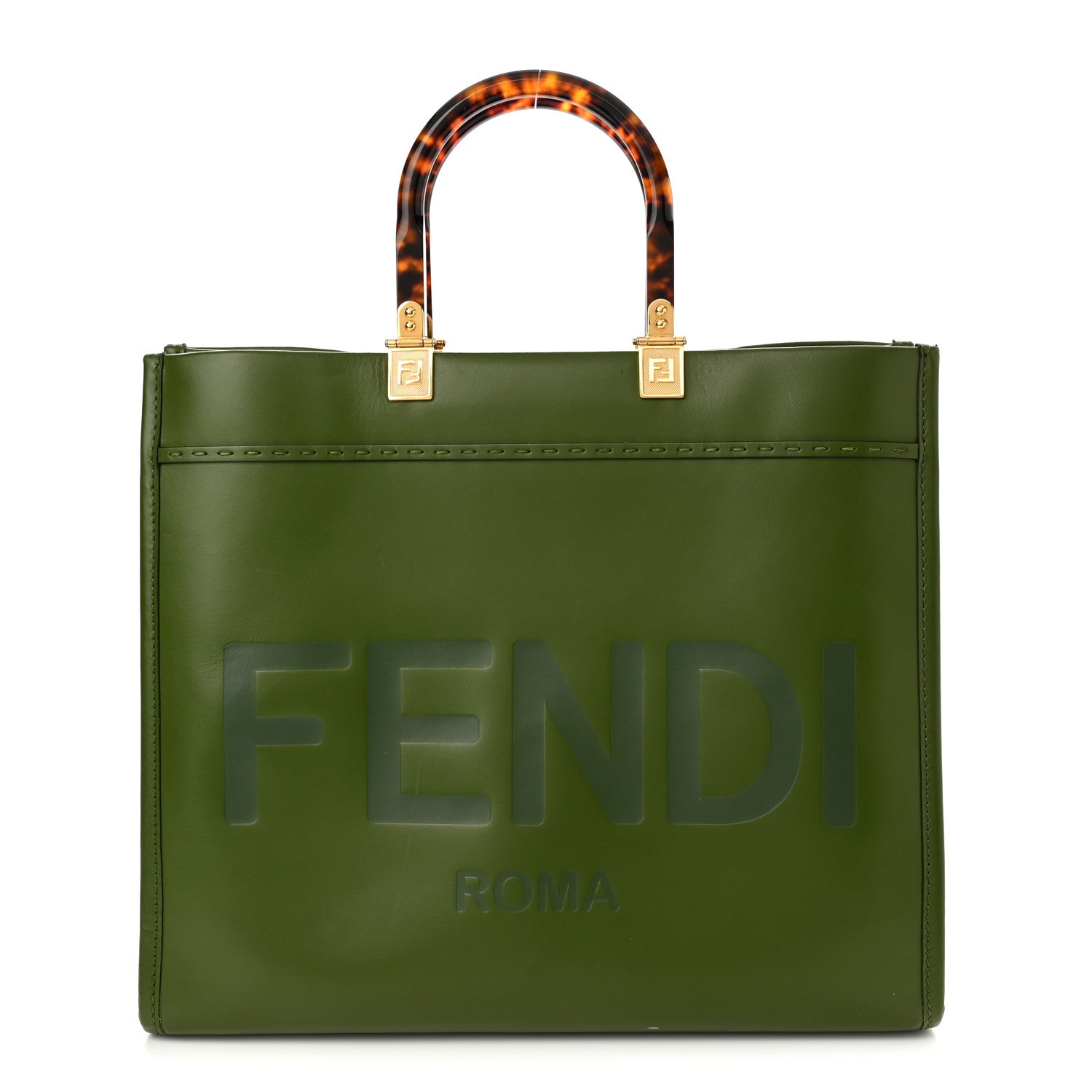 Fendi Vitello King Plexiglass Logo Embossed Medium Fendi Sunshine Shopper Tote Avocado 1 of 17