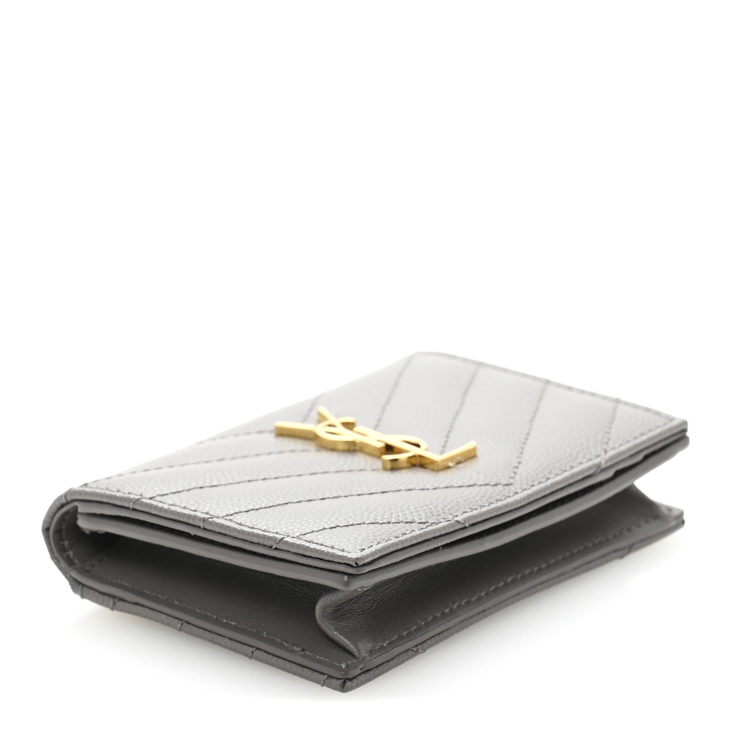 Saint Laurent Grain De Poudre Matelasse Chevron Monogram Flap Card Case Fog 4 of 9