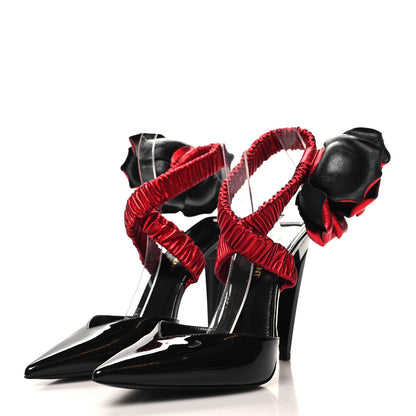 Saint Laurent Patent Nappa Silk Freja 105 Flower Ankle Pumps 37.5 Black Rosso 3 of 9