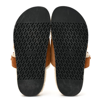Hermes Suede Goatskin Woolskin Womens Chypre Sandals 38.5 Brun Fume Ecru 6 of 11