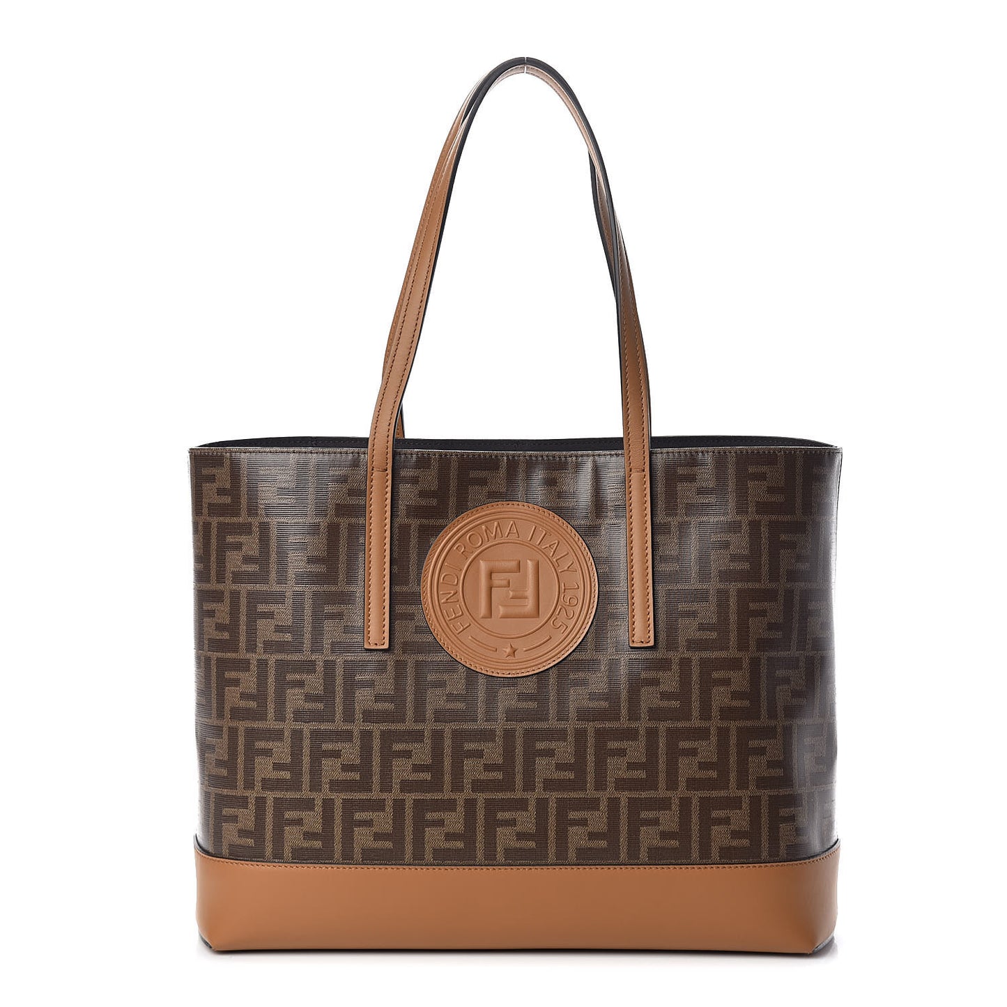 Glazed Fabric Vitello Century FF 1974 Stamp Patch Shopping Tote Mogano Panna Caramello