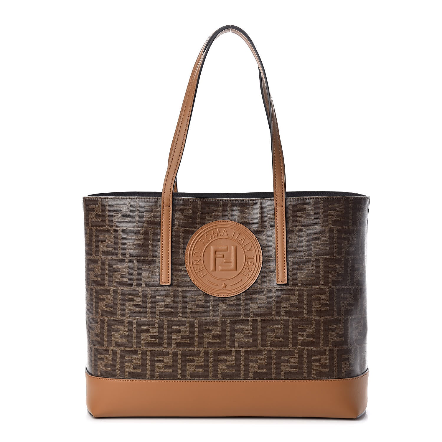 Fendi Glazed Fabric Vitello Century FF 1974 Stamp Patch Shopping Tote Mogano Panna Caramello 2 of 10