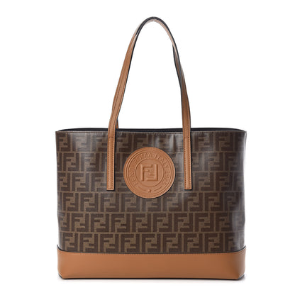 Fendi Glazed Fabric Vitello Century FF 1974 Stamp Patch Shopping Tote Mogano Panna Caramello 2 of 10