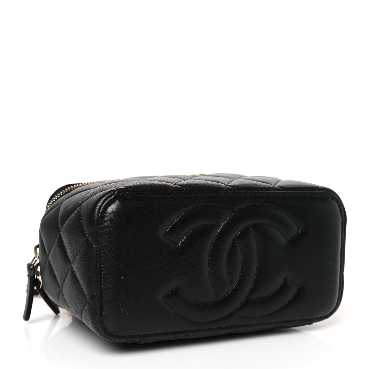 Lambskin Quilted Metal Small Top Handle Vanity Case With Chain Black