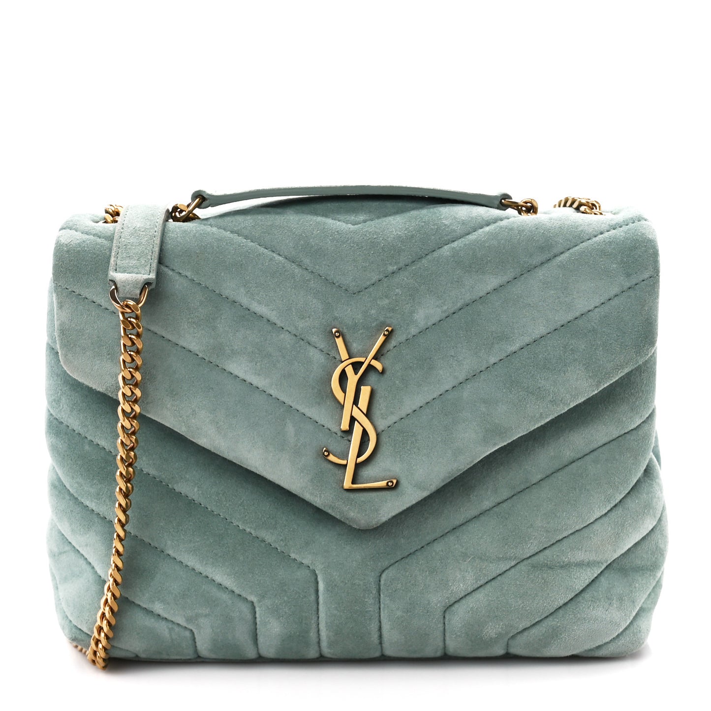 Suede Calfskin Y Quilted Monogram Small Loulou Chain Satchel Vert Opaline