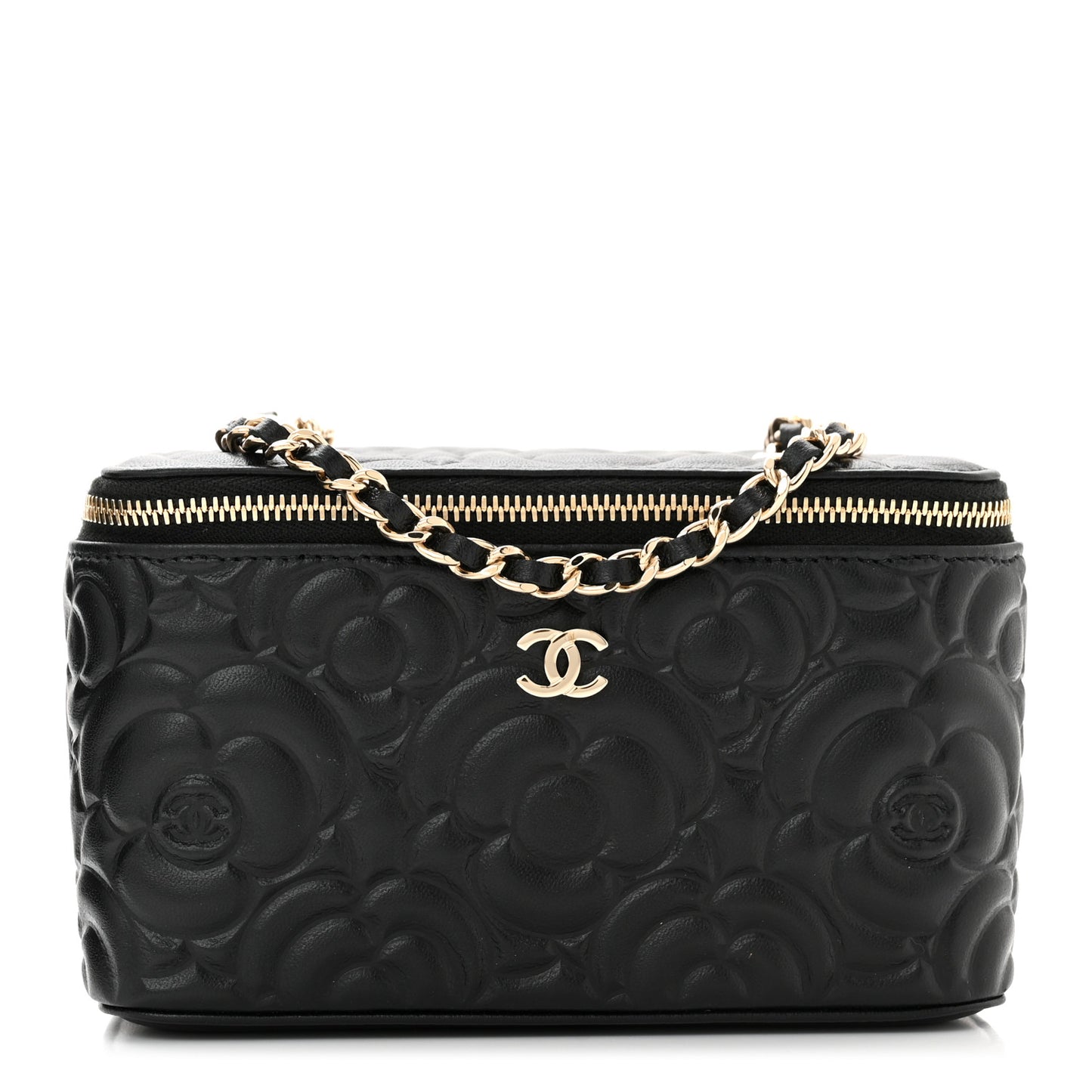 Lambskin Camellia Embossed Small Vanity Case With Chain Black