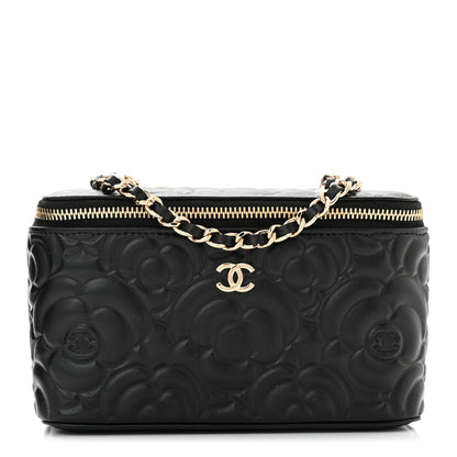 Chanel Lambskin Camellia Embossed Small Vanity Case With Chain Black 1 of 10