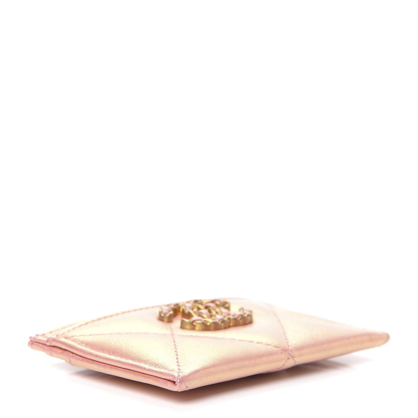 Iridescent Calfskin Quilted Chanel 19 Card Holder Pink