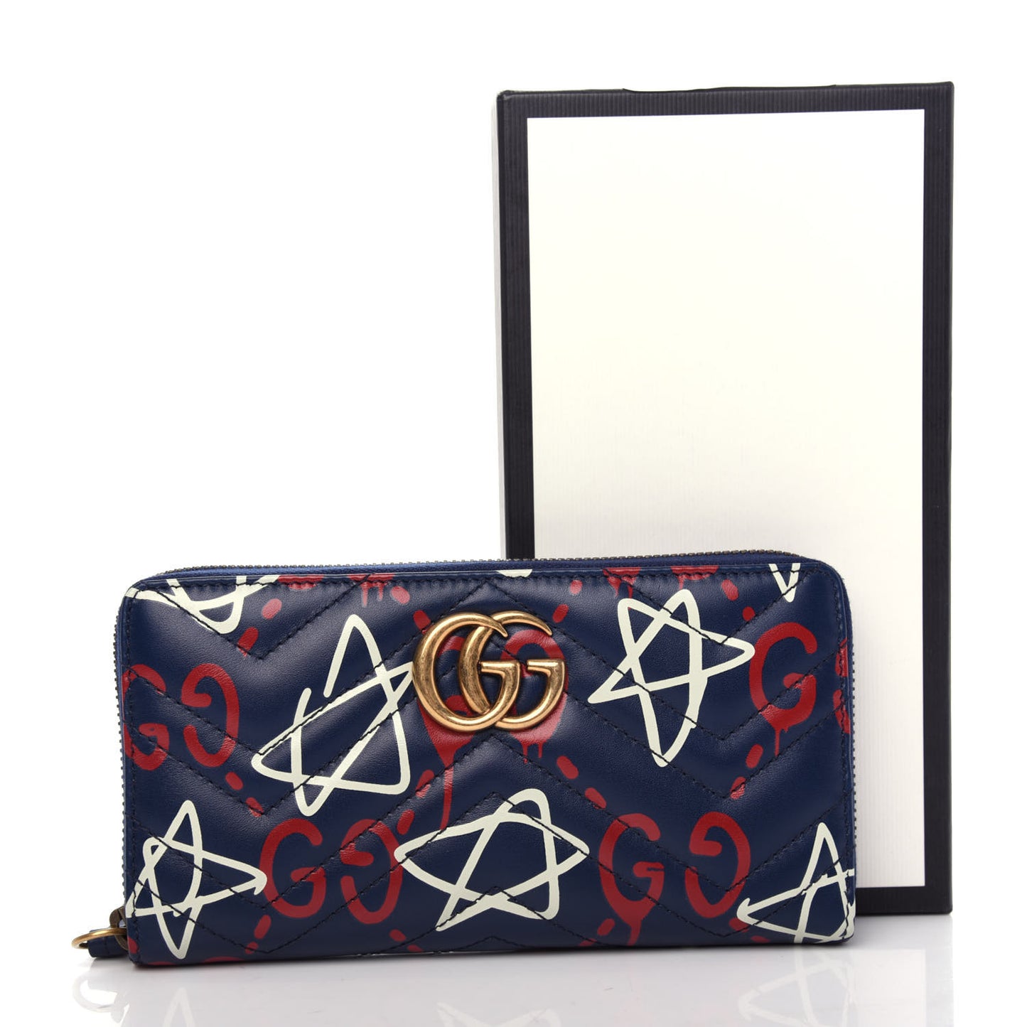 Calfskin Matelasse GucciGhost GG Marmont Zip Around Wallet Blue Agata Hibiscus Red