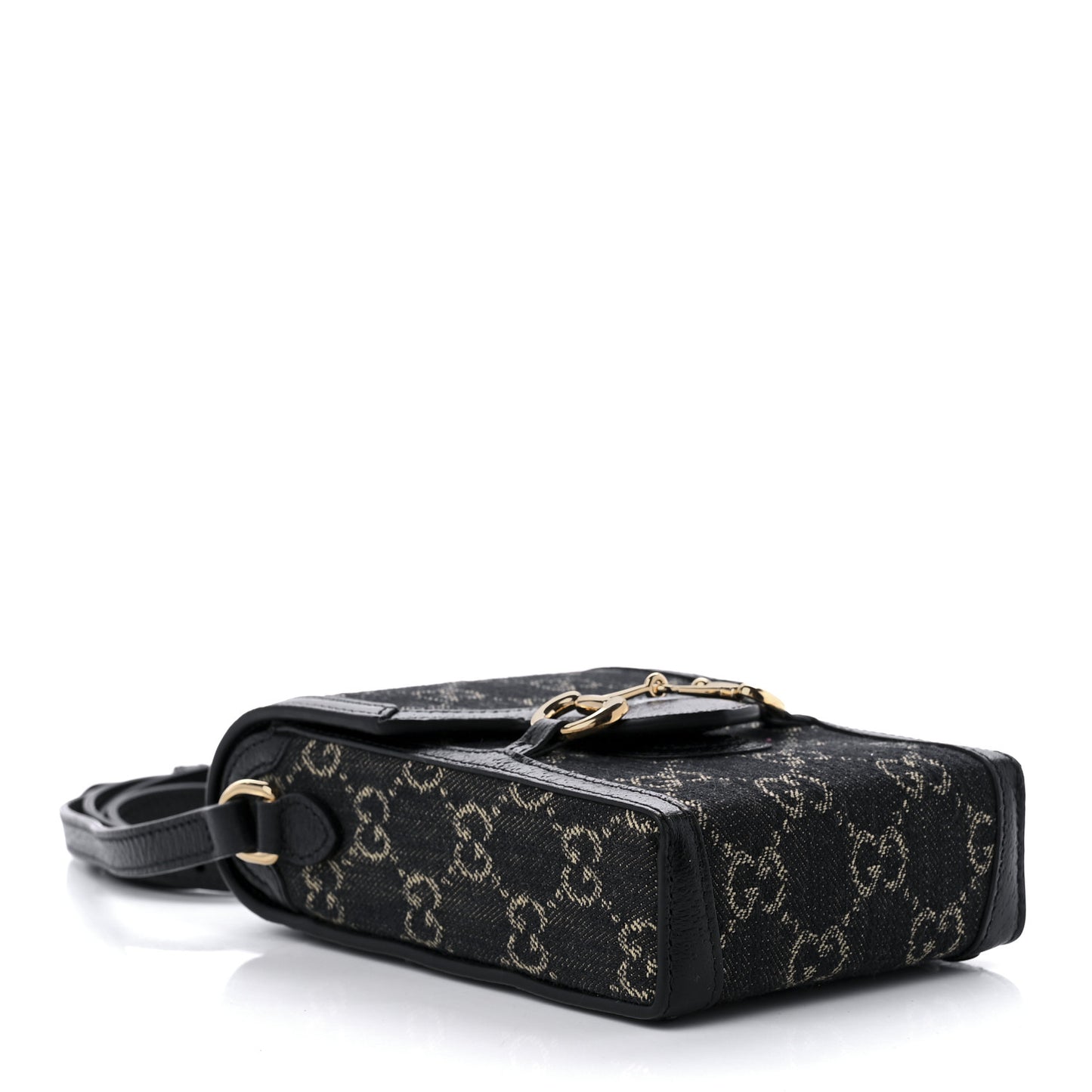 Jacquard Black Denim GG Monogram Textured Dollar Calfskin Mini Horsebit 1955 Crossbody Bag Black Ivory