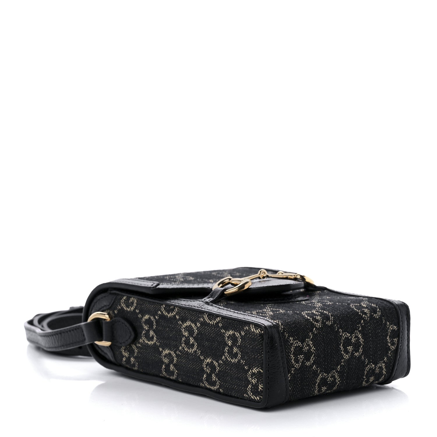 Gucci Jacquard Black Denim GG Monogram Textured Dollar Calfskin Mini Horsebit 1955 Crossbody Bag Black Ivory 4 of 9