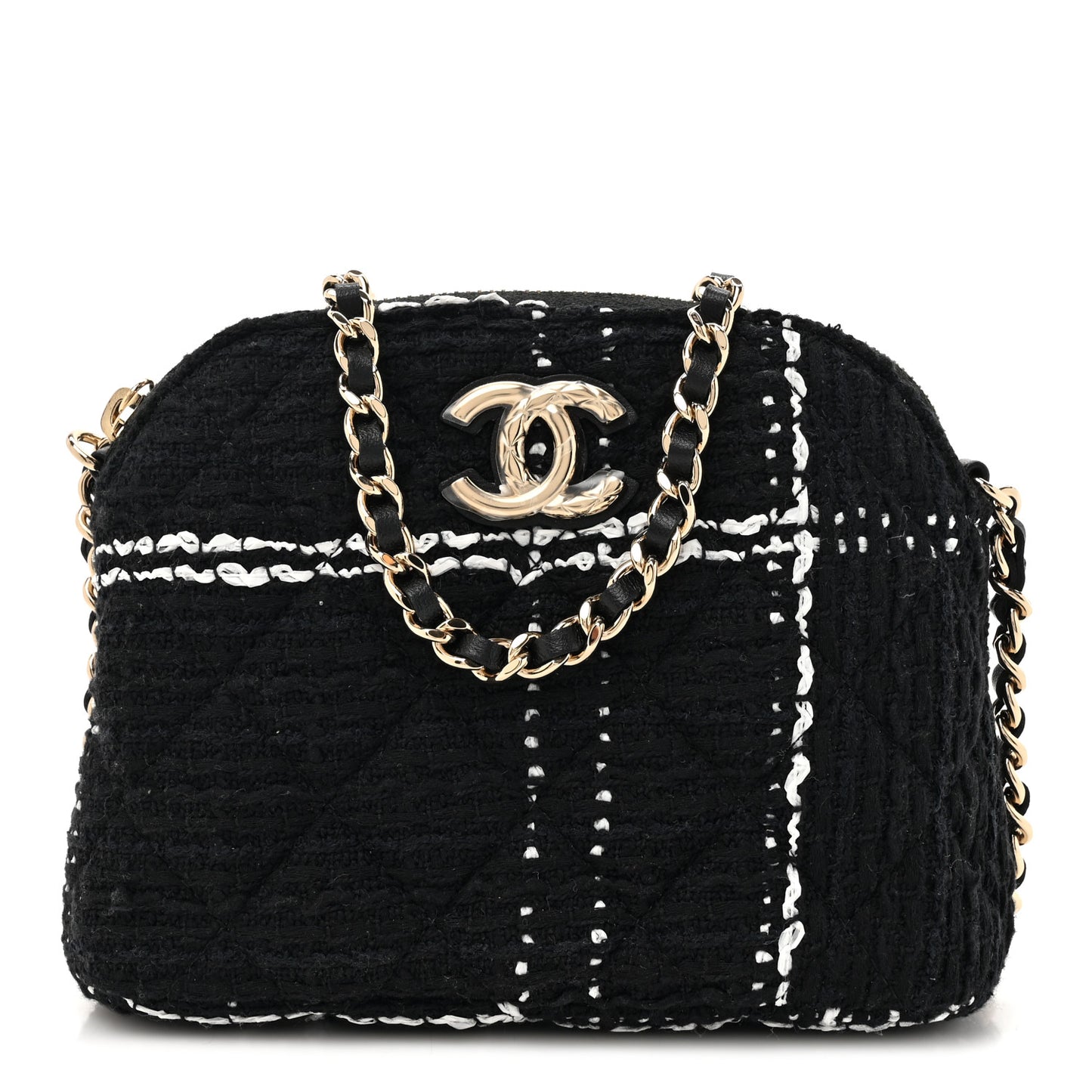 Tweed Quilted Mini Clutch With Chain Black White