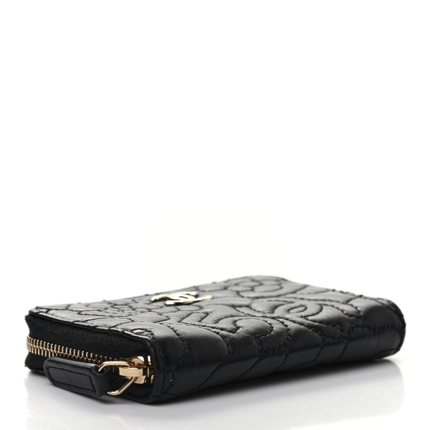 Lambskin Camellia Embossed Zip Coin Purse Black