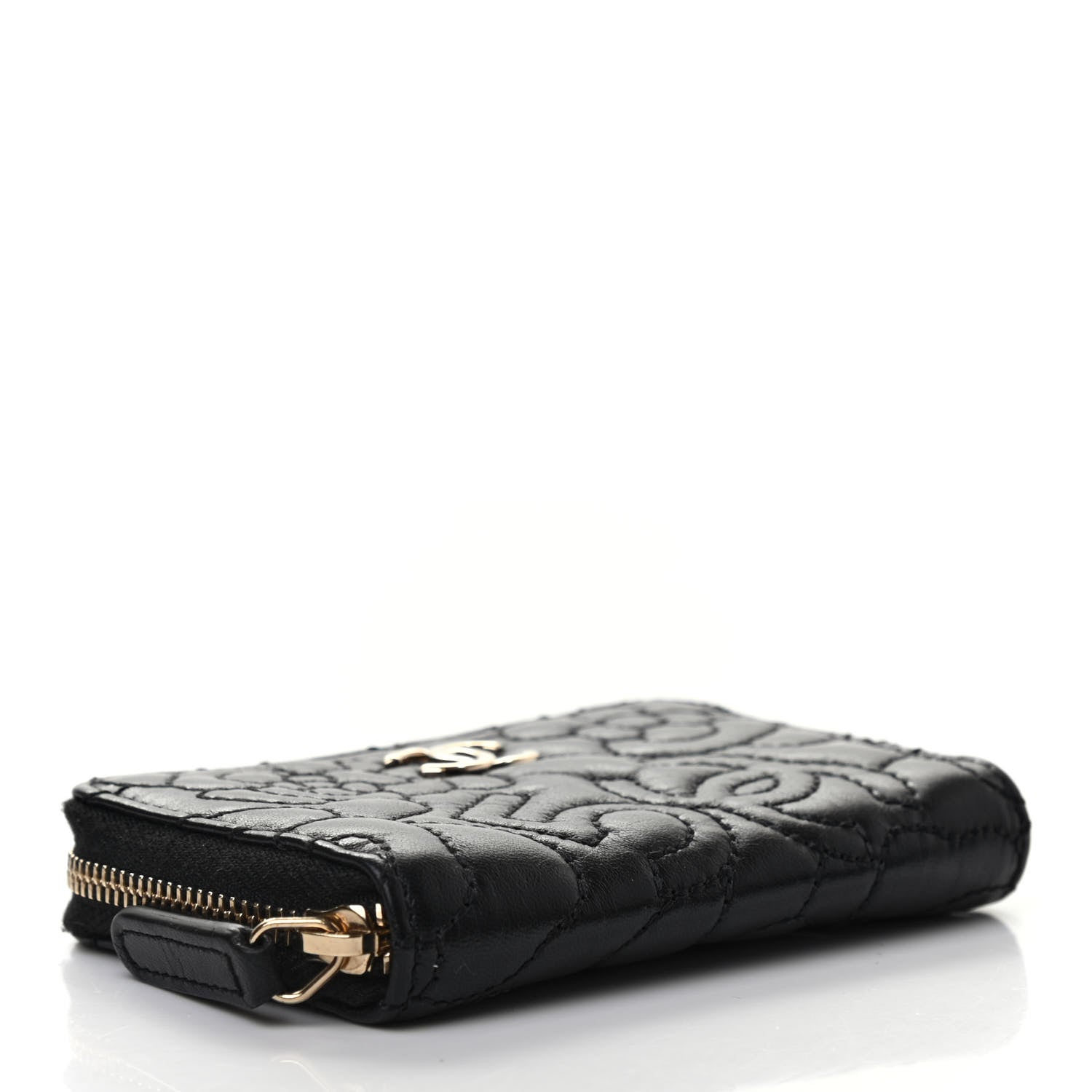 Chanel Lambskin Camellia Embossed Zip Coin Purse Black 4 of 7