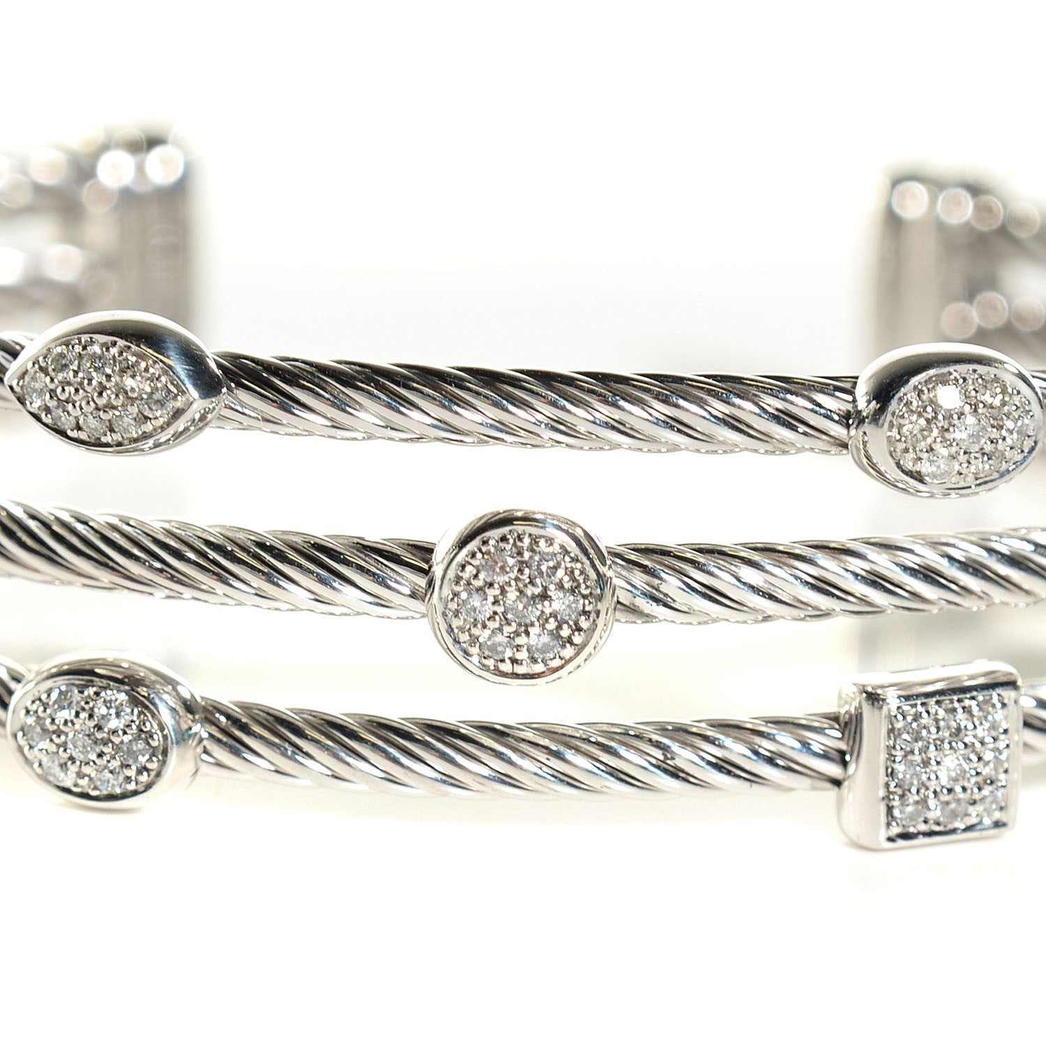 David Yurman Sterling Silver Diamond Three Row Confetti Cuff Bracelet 6 of 6