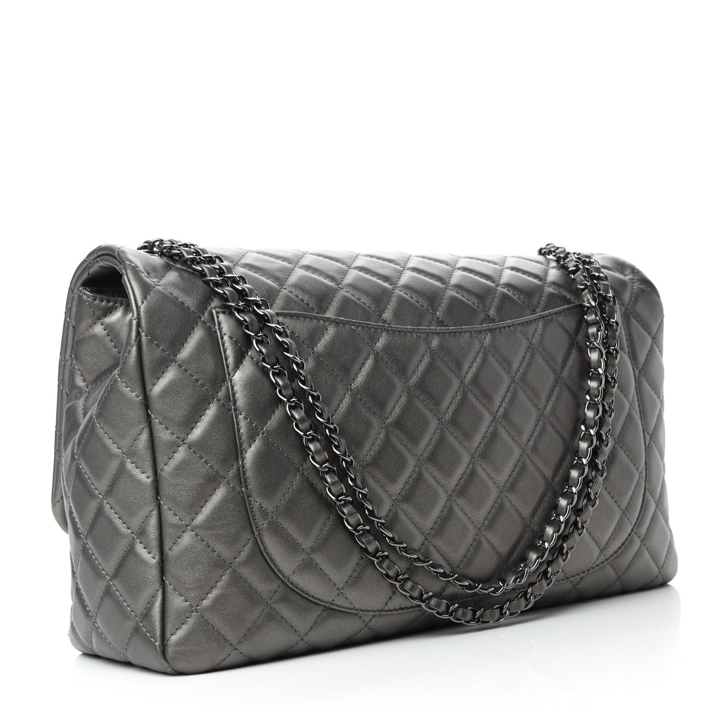 Metallic Calfskin Quilted Small XXL Travel Flap Bag Dark Silver