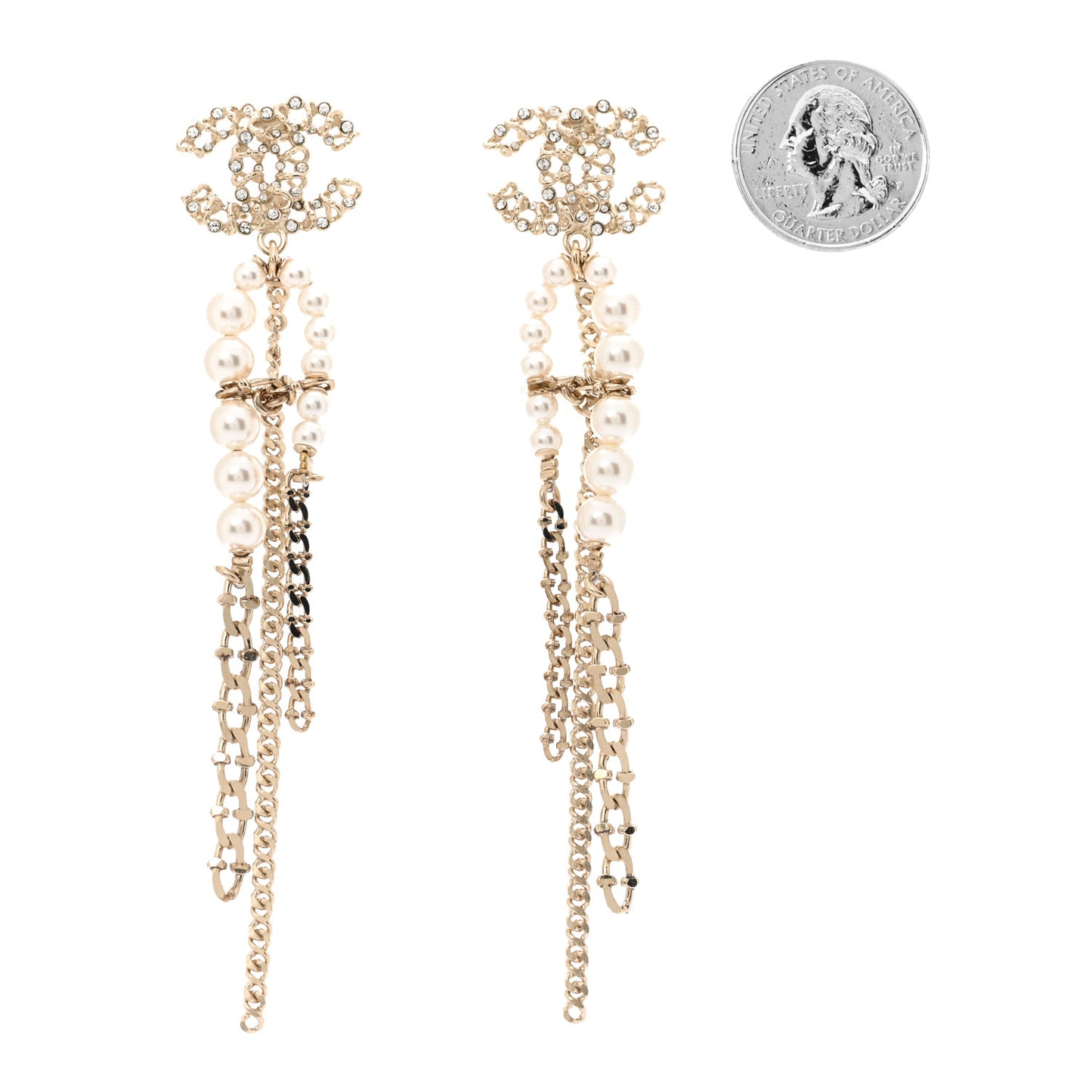 Pearl Crystal CC Chain Drop Earrings Light Gold Pearly White