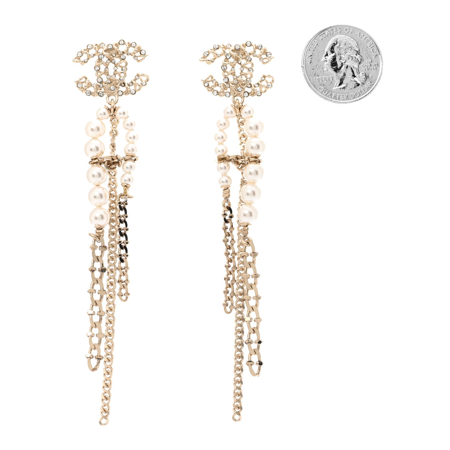 Chanel Pearl Crystal CC Chain Drop Earrings Light Gold Pearly White 2 of 4