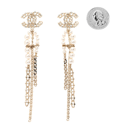 Chanel Pearl Crystal CC Chain Drop Earrings Light Gold Pearly White 2 of 4
