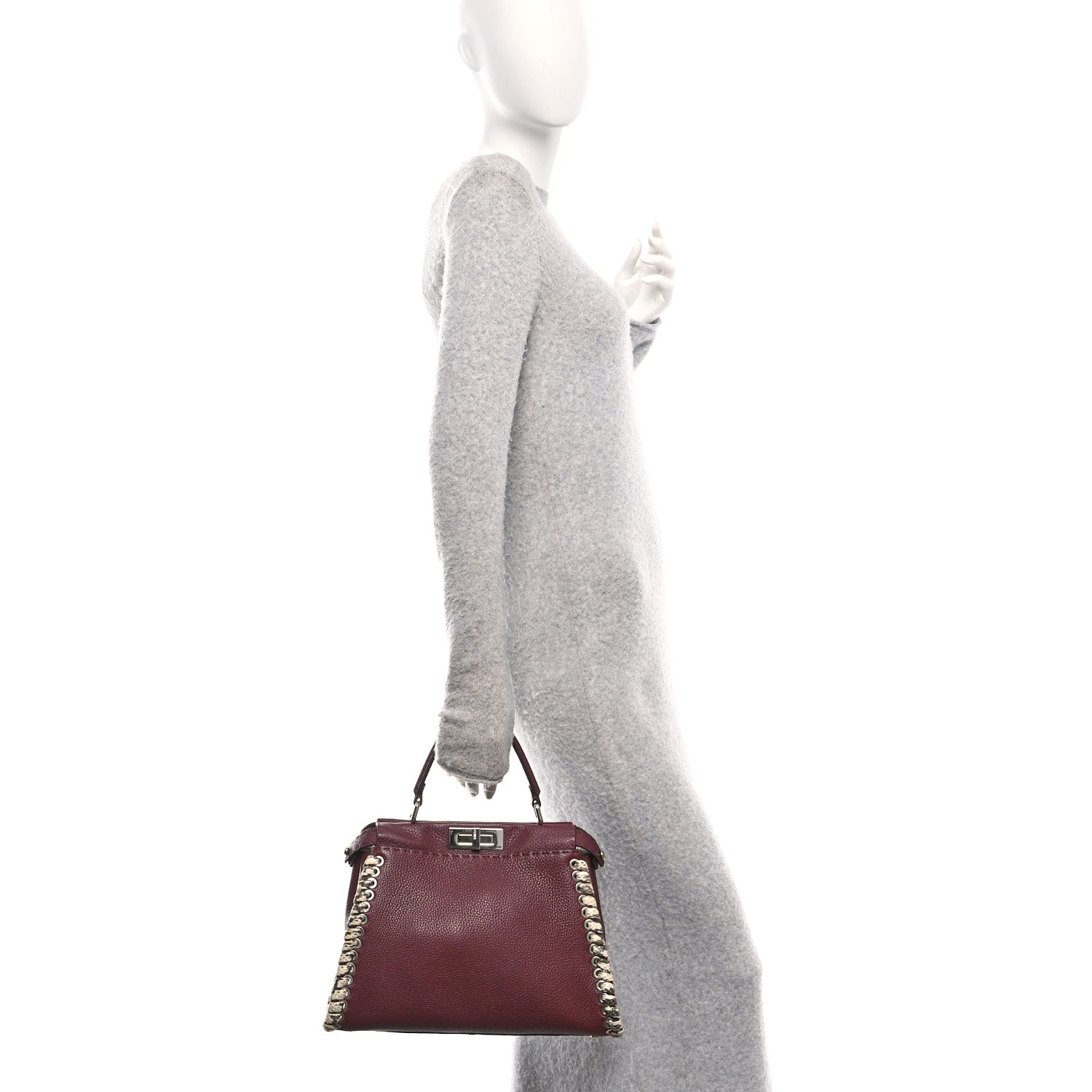 Fendi Cuoio Romano Elaphe Selleria Lace Up Bi-Color Medium Peekaboo Iconic Satchel Bordeaux Grigio Polvere Natural 2 of 12