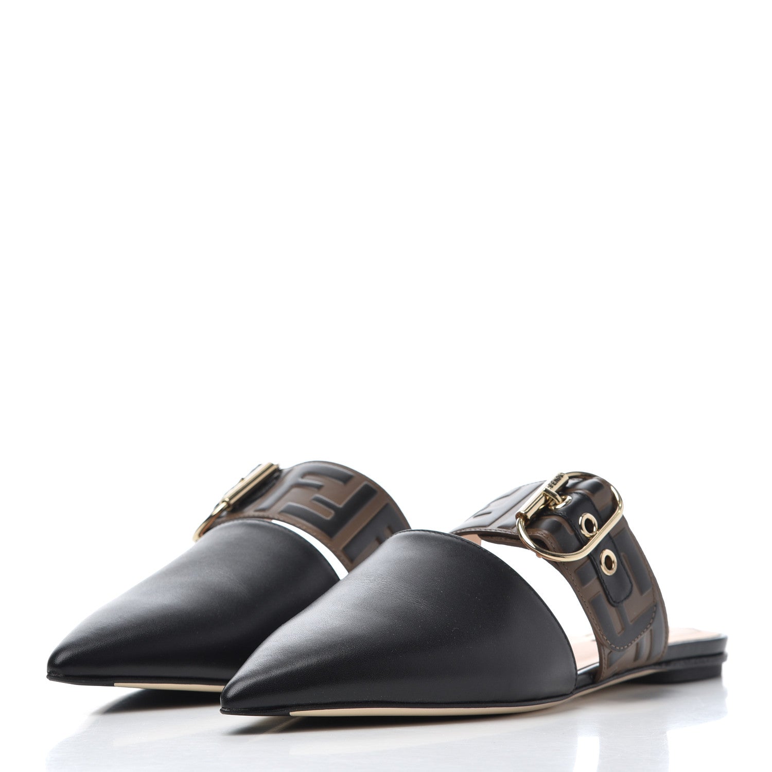Fendi Vitello FF Embossed Buckle Flat Mules 38 Maya Black 3 of 14