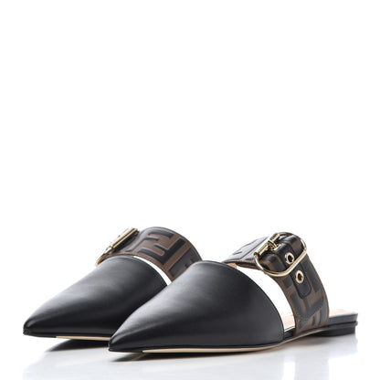 Fendi Vitello FF Embossed Buckle Flat Mules 38 Maya Black 3 of 14
