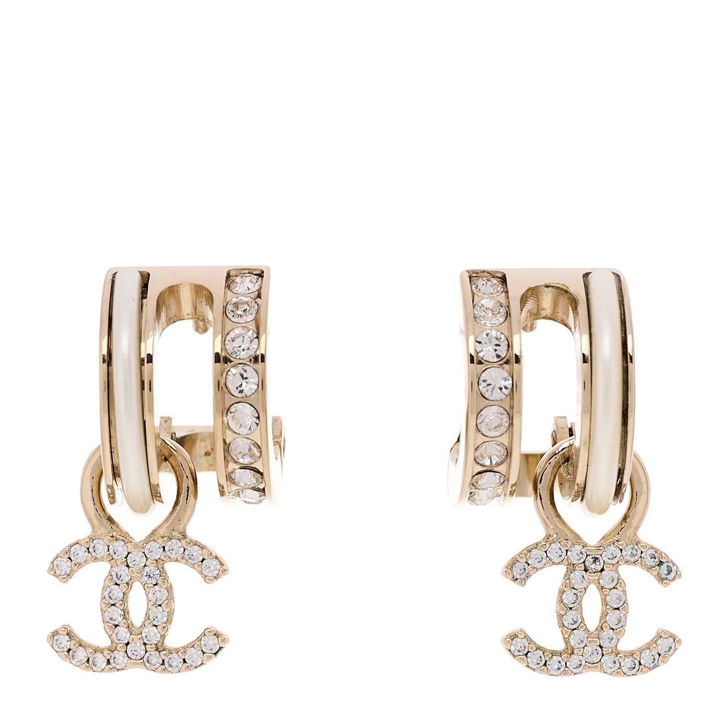 Crystal CC Hoop Drop Earrings Gold Pearly White