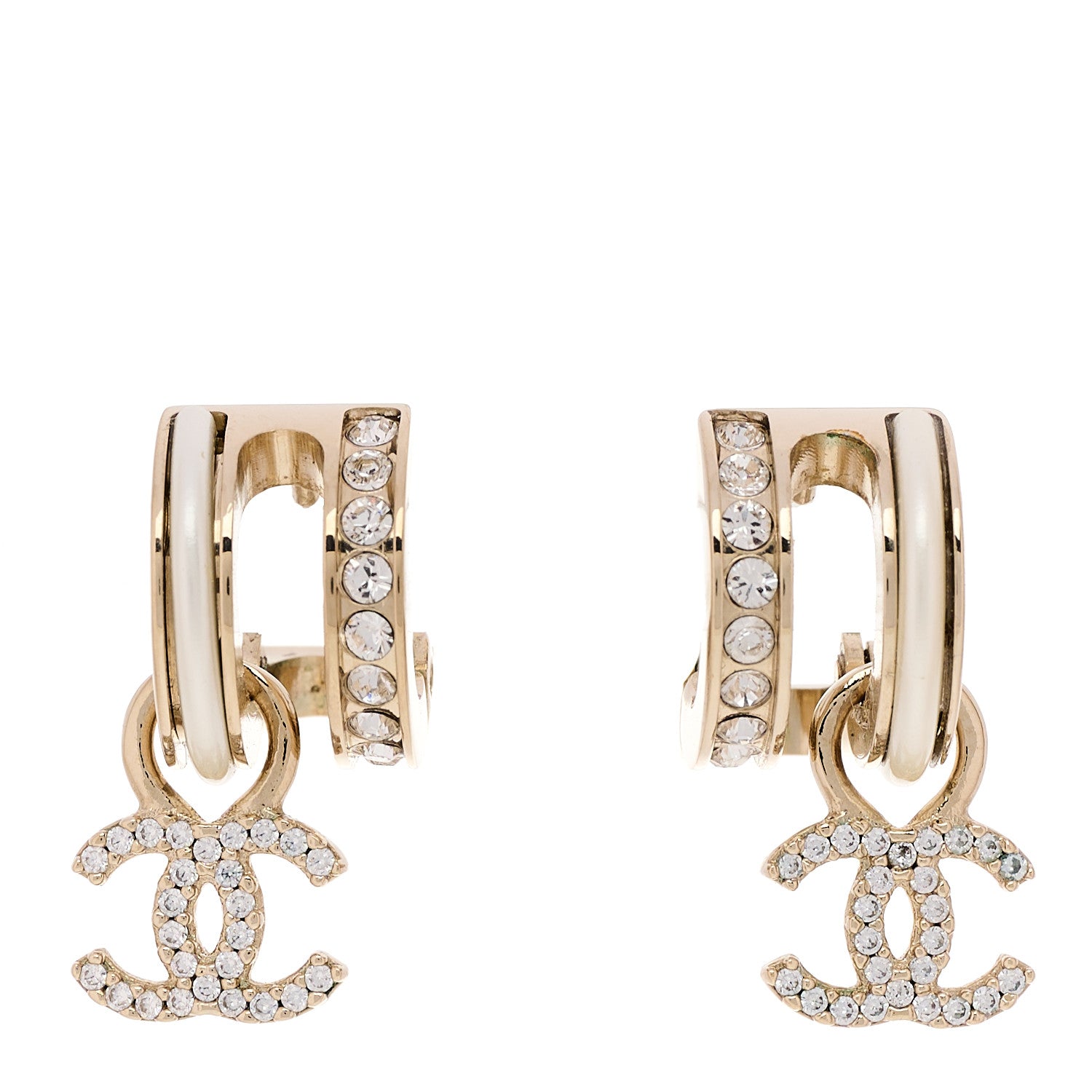 Chanel Crystal CC Hoop Drop Earrings Gold Pearly White 1 of 4