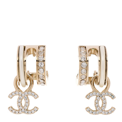 Chanel Crystal CC Hoop Drop Earrings Gold Pearly White 1 of 4