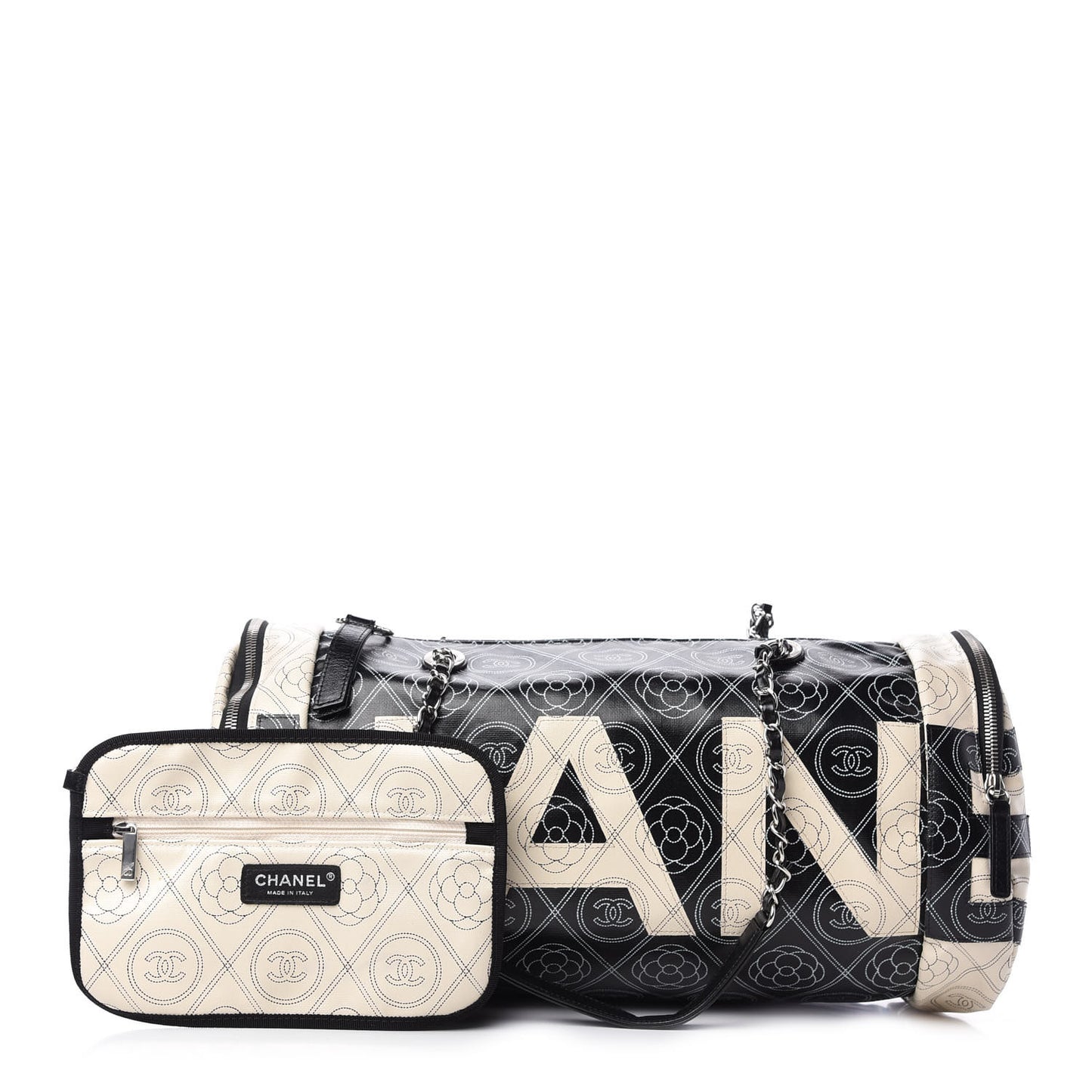 Coated Canvas Camellia Printed Calfskin Bowling Bag Black Beige