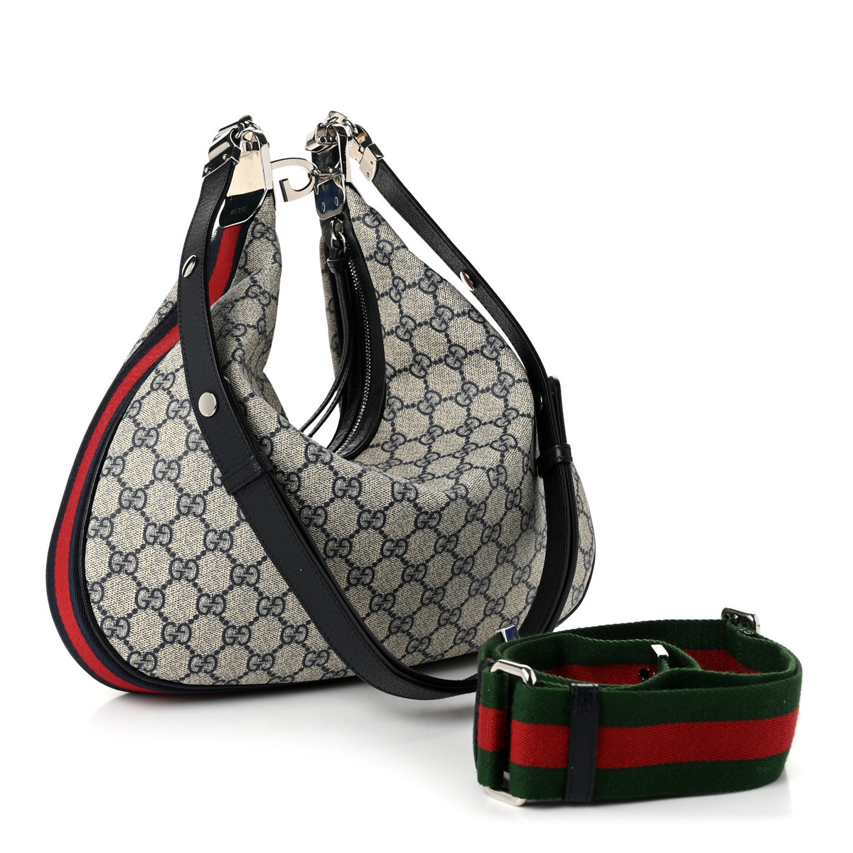 GG Supreme Monogram Textured Calfskin Web Large Attache Shoulder Bag Beige Blue