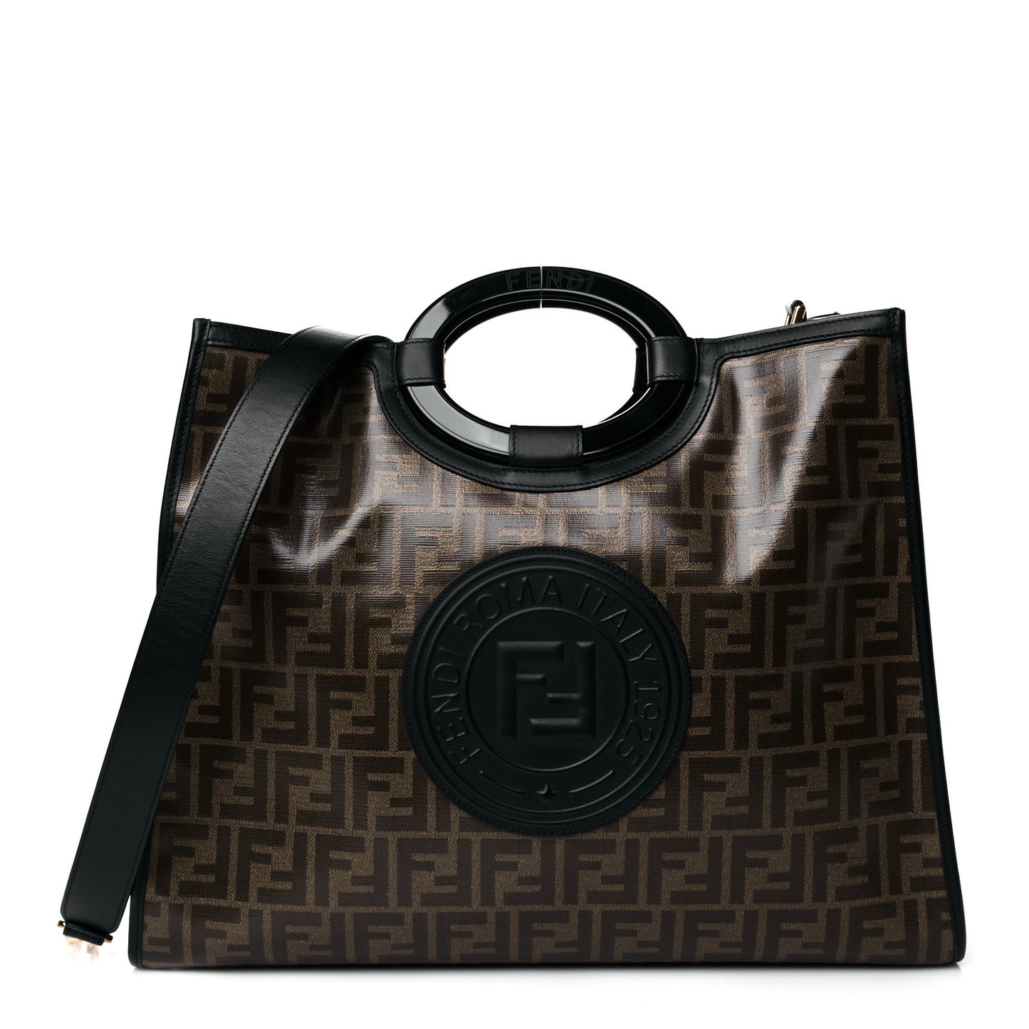 Glazed Fabric Vitello Century Plexiglass FF 1974 Stamp Patch Medium Runaway Shopper Tote Mogano Panna Black