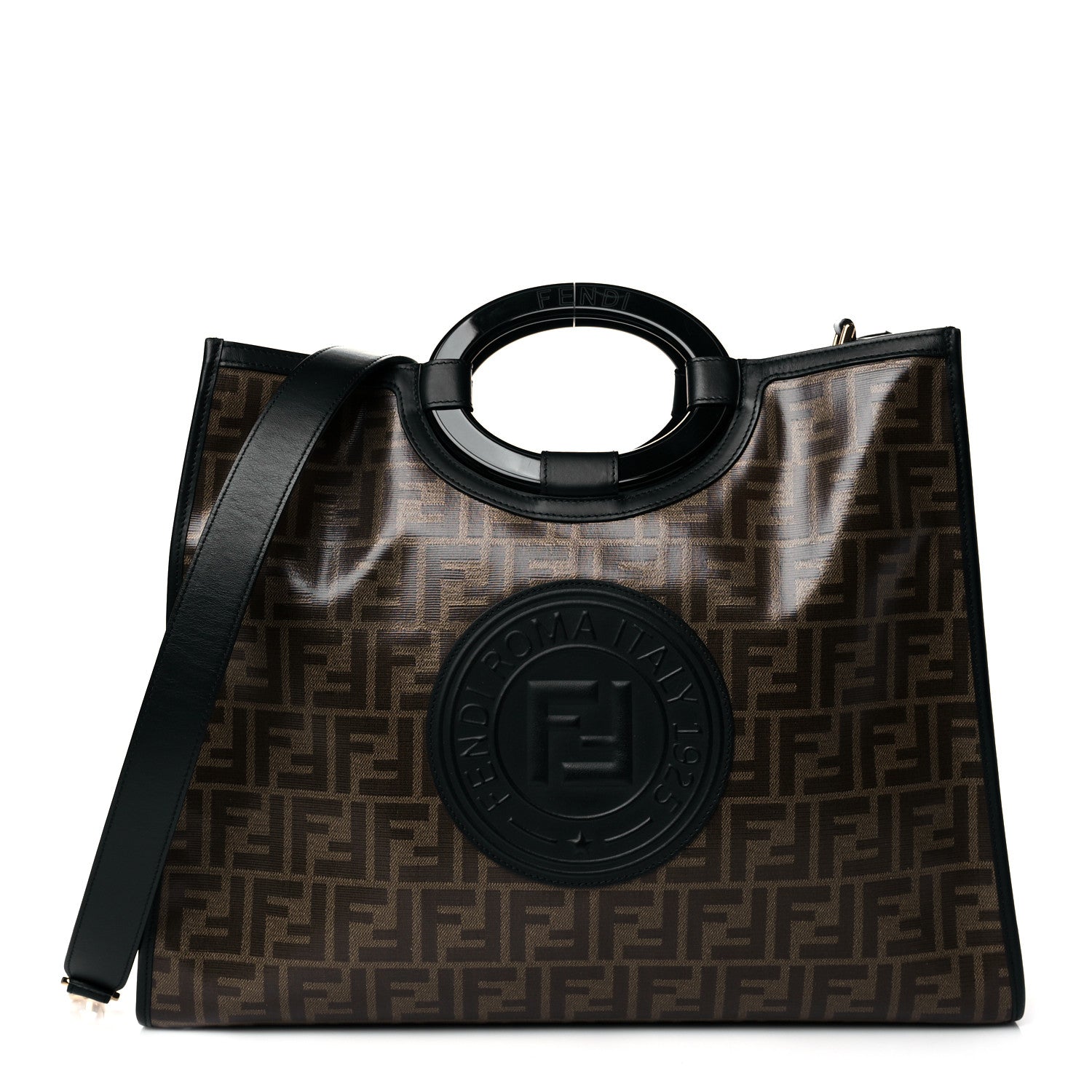 Fendi Glazed Fabric Vitello Century Plexiglass FF 1974 Stamp Patch Medium Runaway Shopper Tote Mogano Panna Black 1 of 10