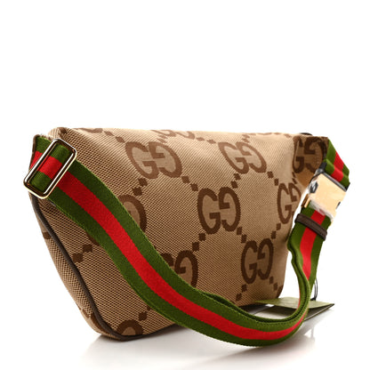 Gucci Monogram Jumbo GG Textured Dollar Calfskin Web Belt Bag Camel Ebony New Acero 3 of 9