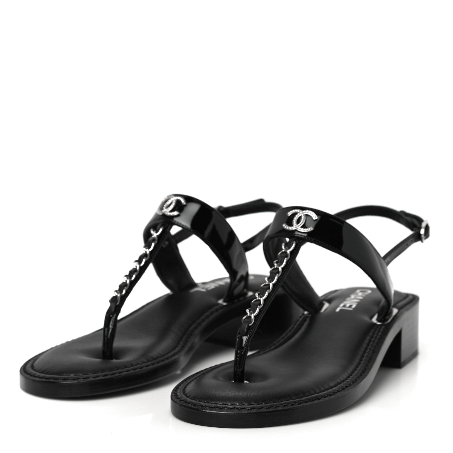 Chanel Patent Calfskin Chain CC Logo Thong Sandals 38 Black 4 of 10