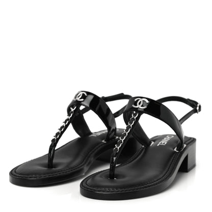 Chanel Patent Calfskin Chain CC Logo Thong Sandals 38 Black 4 of 10