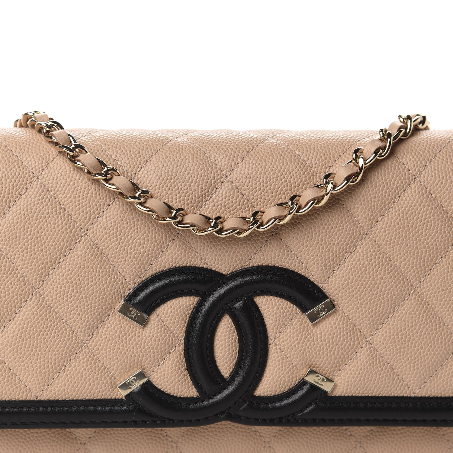 Chanel Caviar Quilted CC Filigree Wallet On Chain WOC Beige Black 11 of 12