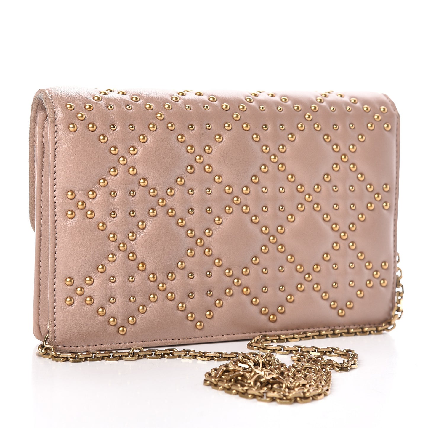 Lambskin Cannage Studded Dioraddict Wallet on Chain Clutch Nude