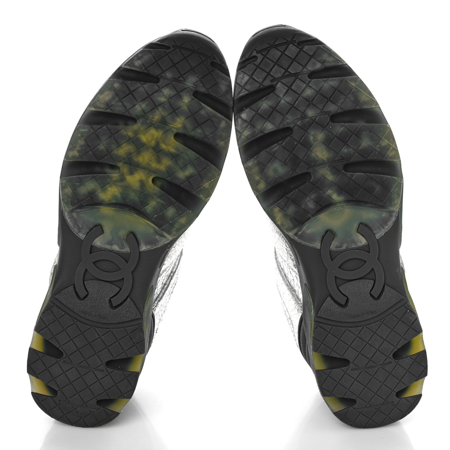 Metallic Crackled Calfskin CC Sneakers 37 Silver Black Navy