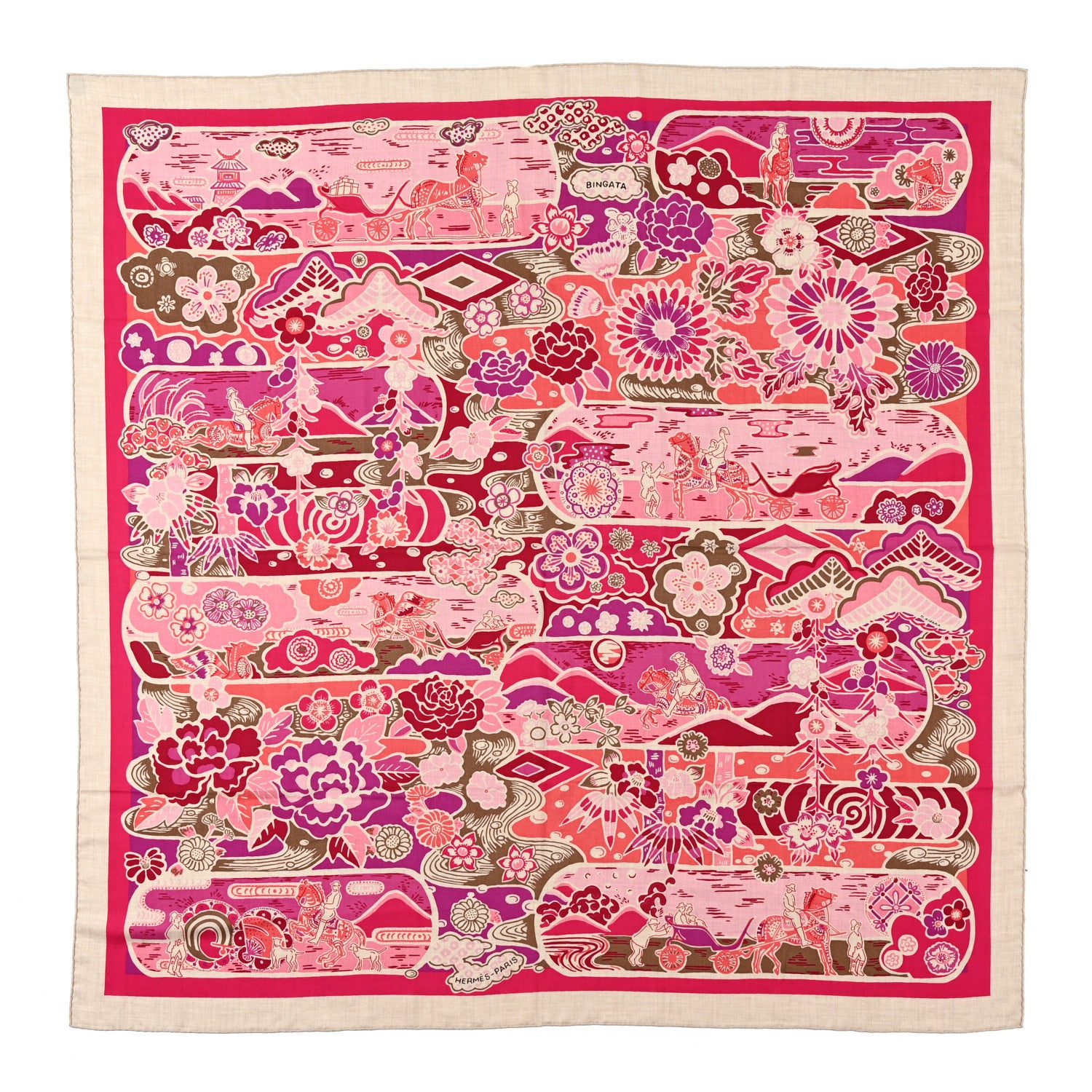 Hermes Cashmere Silk Bingata Shawl 140 Naturel Fuchsia Rose Poudre 1 of 6