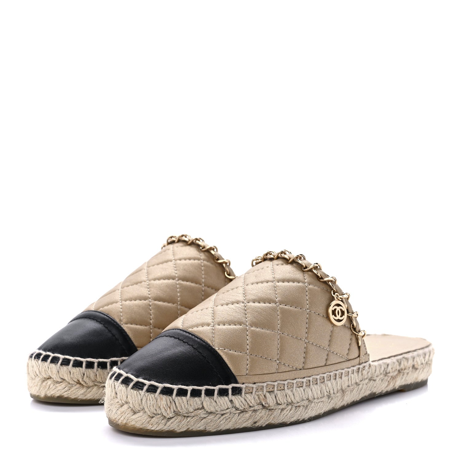 Chanel Metallic Calfskin Lambskin Grosgrain Quilted CC Chain Espadrille Mules 37 Gold Black 3 of 13