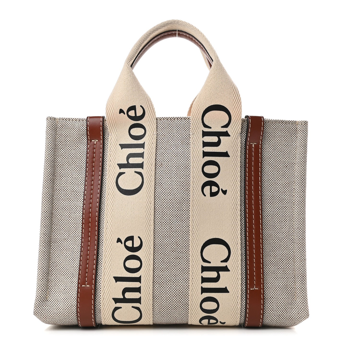 Cotton Calfskin Small Woody Ribbon Tote White Brown