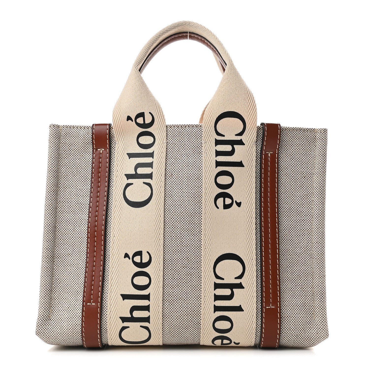 Chloe Cotton Calfskin Small Woody Ribbon Tote White Brown 1 of 9
