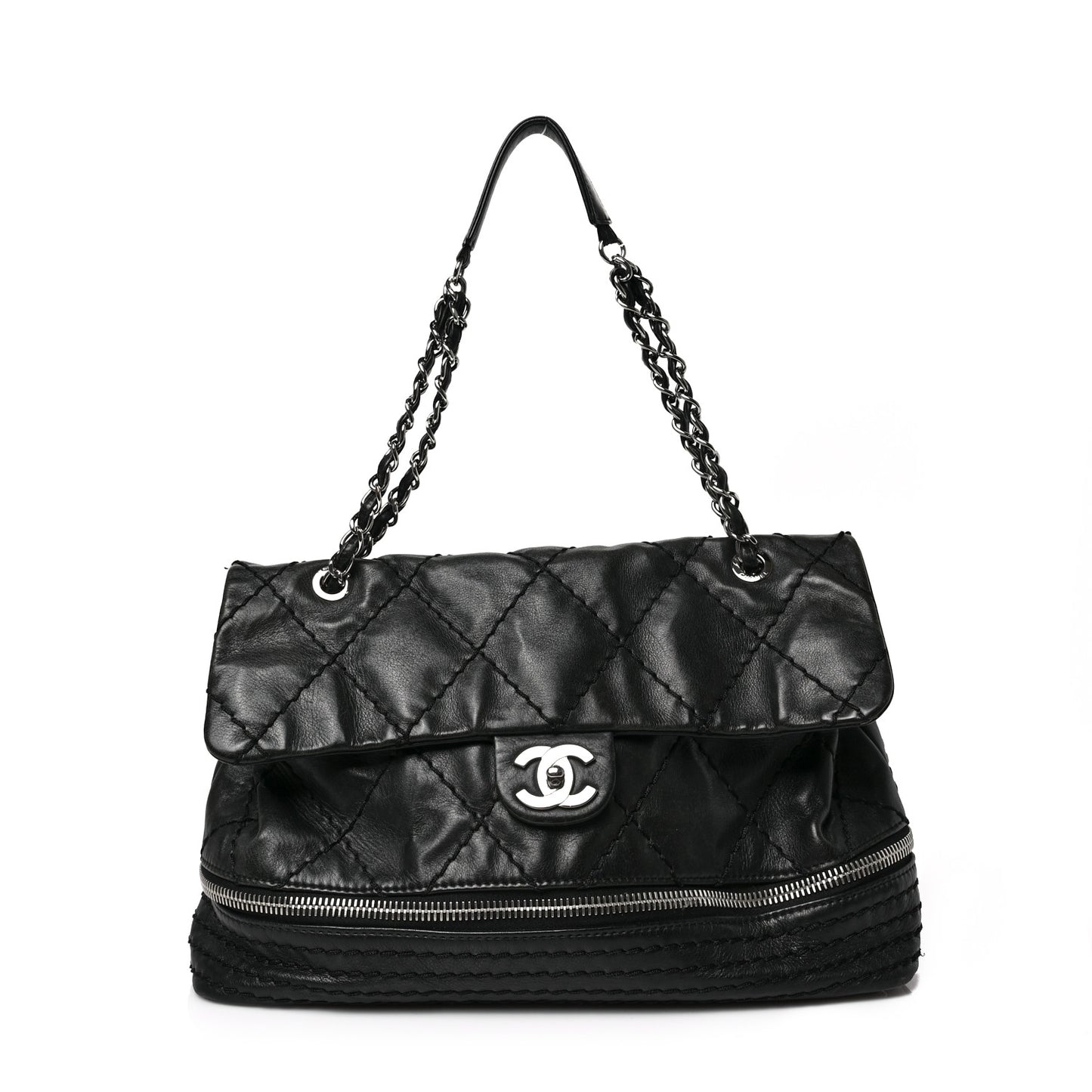 Calfskin Stitched Large Expandable Flap Bag Black