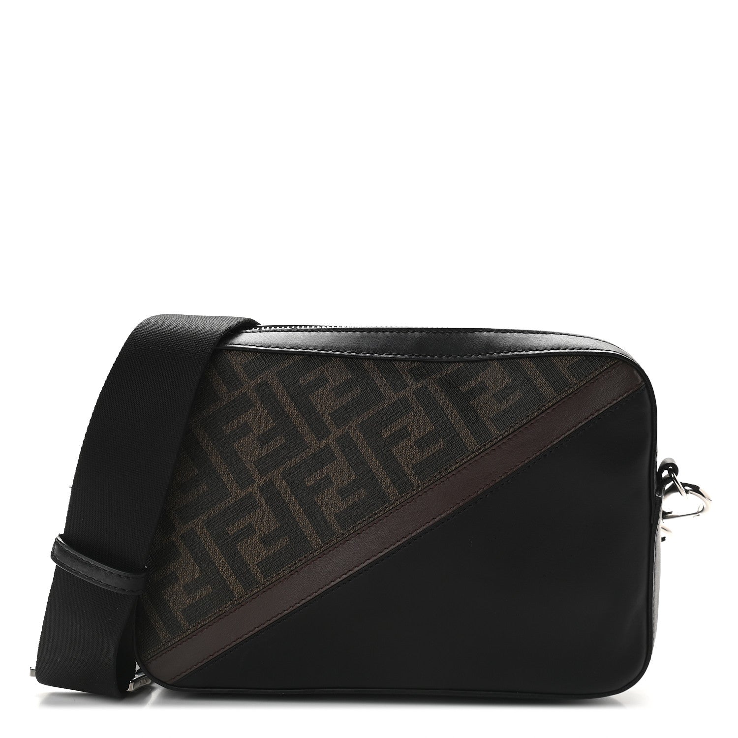 Fendi Glazed Fabric Vitello Liberty FF 1974 Diagonal Medium Camera Case Tobacco Moresco Black 1 of 9