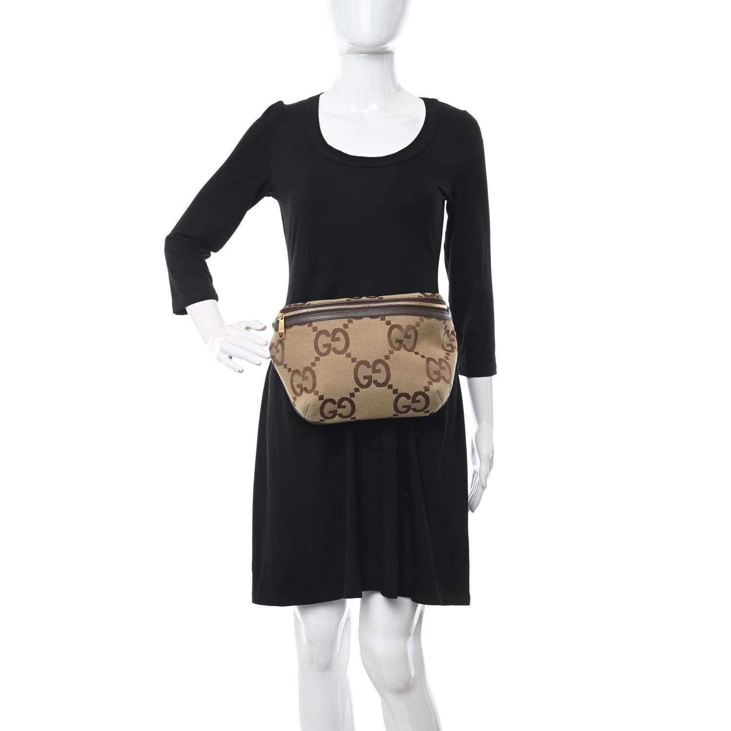 Gucci Monogram Jumbo GG Textured Dollar Calfskin Web Belt Bag Camel Ebony New Acero 2 of 8